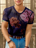 Ceekoo Mens Floral Print Sheer Short Sleeve T-Shirt