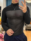 Ceekoo Mens High Neck Mesh Patchwork See Through T-shirt