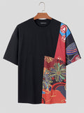 Ceekoo Mens Ethnic Print Patchwork Round Neck T-Shirt