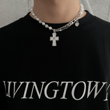 Ceekoo HALF PEARL HALF DOUBLE CHAIN CROSS NECKLACE