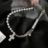 Ceekoo HALF PEARL HALF DOUBLE CHAIN CROSS NECKLACE