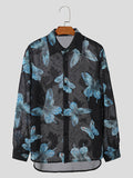 Ceekoo Mens Butterfly Print Sheer Long Sleeve Shirt