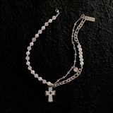 Ceekoo HALF PEARL HALF DOUBLE CHAIN CROSS NECKLACE