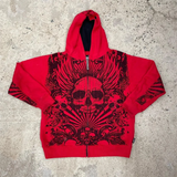 Ceekoo  -   Gothic Dark Skull Print Red Zipper Hoodie Men's Women's American Street Trend Hip-Hop Rap Top Loose Y2k Millennial Sweatshirt