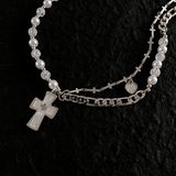 Ceekoo HALF PEARL HALF DOUBLE CHAIN CROSS NECKLACE