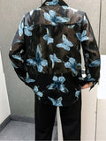 Ceekoo Mens Butterfly Print Sheer Long Sleeve Shirt