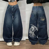 Ceekoo  -   90s Streetwear Streetwear New Oversized Geometric Print Washed Pocket Straight High-waisted Jeans Female Y2K Fashion Harajuku Lazy Wide Pants 1017