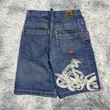 Ceekoo  -  90s Streetwear Y2K Street New Fashion Skeleton Embroidery Loose Shorts Men Retro Harajuku Pop Hip Hop Gothic High Waist Sports Denim Shorts