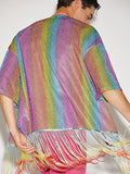 Ceekoo Mens Glitter Rainbow Stripe Printed Fringe Cardigan