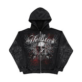 Ceekoo  -   American Y2K Motorcycle Style Winter Letter Skull Print Zipper Hoodie Long Sleeve Sweater