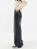 Ceekoo American High Street Dark Blue Wide-Leg Jeans