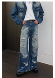 Ceekoo Blue Denim Jacket & Ripped Wide-leg Jeans