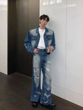 Ceekoo Blue Denim Jacket & Ripped Wide-leg Jeans