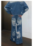 Ceekoo Blue Denim Jacket & Ripped Wide-leg Jeans