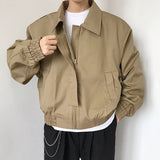 Ceekoo  -  Autumn Korean Fashion New Short Men's Jackets Long Sleeve Khaki Square Collar Loose Casual Zipper Bomber Jacket Coats Men