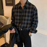 Ceekoo  -  Korean Plaid Shirt Men Oversized Fashion Retro Casual Shirt Men Streetwear Loose Long Sleeved Shirt Mens Black Vintage Shirts