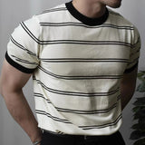 Ceekoo  -  Men Casual Striped Knitted T-Shirt Genderless Summer New Fashion Temperament Simple Breathable Comfortable Loose Top Unisex