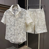 Ceekoo  -  Mens Shirt Shorts Sets Hollow Jacquard Floral Embroidered Shirt Summer Casual Exquisite Short Sleeve Shorts Chic Attractive Sets