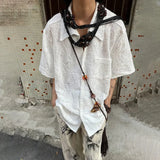 Ceekoo  -  Retro Pleated Short Sleeve Shirt Summer New Cuban Collar Jacquard Design Shirts Top Solid Button Neutral Blouse