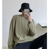 Ceekoo Summer Pleated T Shirt Men's Fashion Solid Color Casual Long-sleeved T-shirt Men Korean Loose Oversize Ice Silk Tshirt Mens Tops