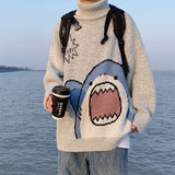 Ceekoo  -  Men Turtlenecks Shark Sweater Men Winter Patchwor Harajuku Korean Style High Neck Oversized Grey Turtleneck For Men