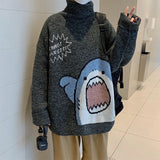 Ceekoo  -  Men Turtlenecks Shark Sweater Men Winter Patchwor Harajuku Korean Style High Neck Oversized Grey Turtleneck For Men