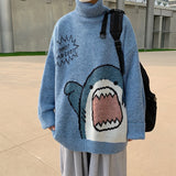 Ceekoo  -  Men Turtlenecks Shark Sweater Men Winter Patchwor Harajuku Korean Style High Neck Oversized Grey Turtleneck For Men