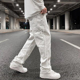 Ceekoo Hip Hop White Straight Ripped Casual Mens Jeans Pants Both Side Tassel Wide Leg Streetwear Denim Trousers Oversized