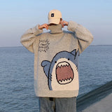 Ceekoo  -  Men Turtlenecks Shark Sweater Men Winter Patchwor Harajuku Korean Style High Neck Oversized Grey Turtleneck For Men