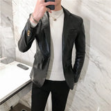 Ceekoo Blazer Hombre PU Leather Jackets Men Fashion Solid Slim Fit One Button Business Casual Blazers For Men Korean style Suit Jacket