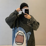 Ceekoo  -  Men Turtlenecks Shark Sweater Men Winter Patchwor Harajuku Korean Style High Neck Oversized Grey Turtleneck For Men