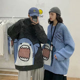 Ceekoo  -  Men Turtlenecks Shark Sweater Men Winter Patchwor Harajuku Korean Style High Neck Oversized Grey Turtleneck For Men