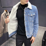 Ceekoo  New Winter's Men's Fashion Fleece Thick Pure Color Casual Denim Jacket Male Cotton Slim Vintage Jackets Men Coats