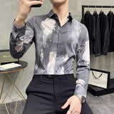 Ceekoo   Spring New Youth Korean Slim Lapel Flower Shirt Long Sleeve Men's British Elastic Base Shirt Trend Shirt Long Sleeve Brand