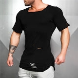 Ceekoo  New Fashion Solid Ripped T Shirt Mens Hip Hop Extend T Shirt Men Destroy Hole Cotton Fitness T shirt Homme