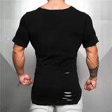 Ceekoo  New Fashion Solid Ripped T Shirt Mens Hip Hop Extend T Shirt Men Destroy Hole Cotton Fitness T shirt Homme