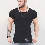 Ceekoo  New Fashion Solid Ripped T Shirt Mens Hip Hop Extend T Shirt Men Destroy Hole Cotton Fitness T shirt Homme