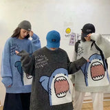 Ceekoo  -  Men Turtlenecks Shark Sweater Men Winter Patchwor Harajuku Korean Style High Neck Oversized Grey Turtleneck For Men