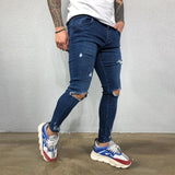 Ceekoo Men Jeans Knee Hole Ripped Stretch Skinny Denim Pants Solid Color Black Blue Autumn Summer Hip-Hop Style Slim Fit Trousers S-4XL