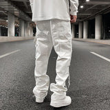 Ceekoo Hip Hop White Straight Ripped Casual Mens Jeans Pants Both Side Tassel Wide Leg Streetwear Denim Trousers Oversized