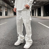 Ceekoo Hip Hop White Straight Ripped Casual Mens Jeans Pants Both Side Tassel Wide Leg Streetwear Denim Trousers Oversized