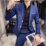 Ceekoo ( Blazer + Pants ) Men's Fashion Boutique Dark Plaid Casual Business Suit Formal Groom Wedding Dress Tuxedo Blue Black