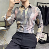 Ceekoo   Spring New Youth Korean Slim Lapel Flower Shirt Long Sleeve Men's British Elastic Base Shirt Trend Shirt Long Sleeve Brand