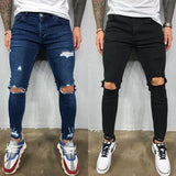 Ceekoo Men Jeans Knee Hole Ripped Stretch Skinny Denim Pants Solid Color Black Blue Autumn Summer Hip-Hop Style Slim Fit Trousers S-4XL