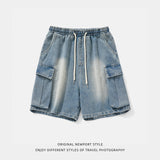 grunge dti High Street Distressed Washed Side Pocket Design Denim Shorts Men's Summer Japanese Casual Loose Drawstring Shorts