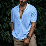 men’s fashion Summer Men's Pure Color Soft Fabric Short Sleeve Lapel Simple Casual Shirt Discount