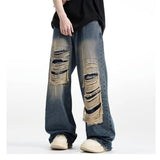 90s streetwear American-Style Retro Ripped Jeans Men's Summer Washed Distressed Loose Wide-Leg Straight Mop High Street Pants