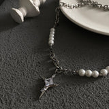 Ceekoo STAR CROSS PEARL CHAIN NECKLACE