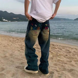 baggy High Street American Washed Distressed Gothic Letter Embroidered Jeans Men and Women Loose Wide Leg Straight Pants