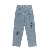 90s fashion men Jeans Men's Autumn National Fashion High Street Cross Patch Embroidered Loose Straight Wide Cow Ins Long Pants